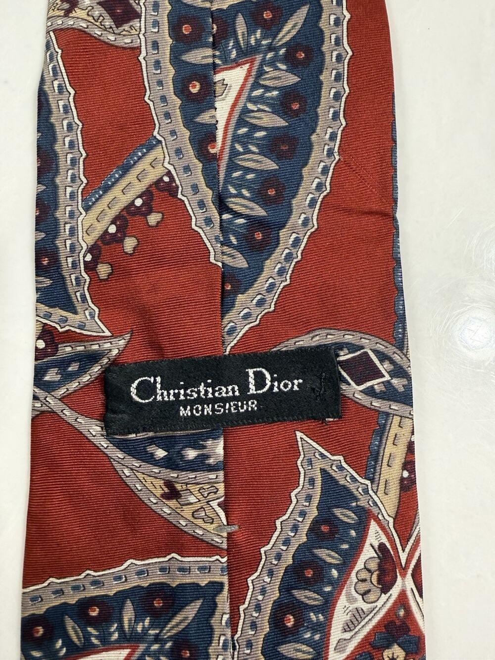 Vintage Christian Dior Monsieur All Silk Red Blue Paisley Italy USA Designer Tie